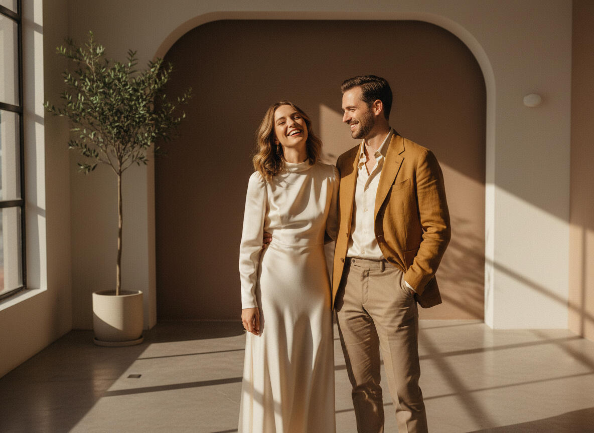 Pilar & Tomás Foto de los novios mirando a la cámara